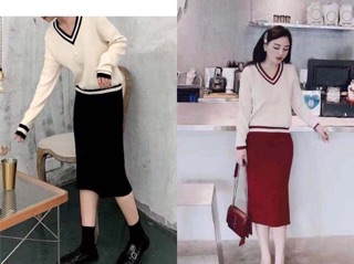 Set váy len áo cổ tim chân váy đỏ