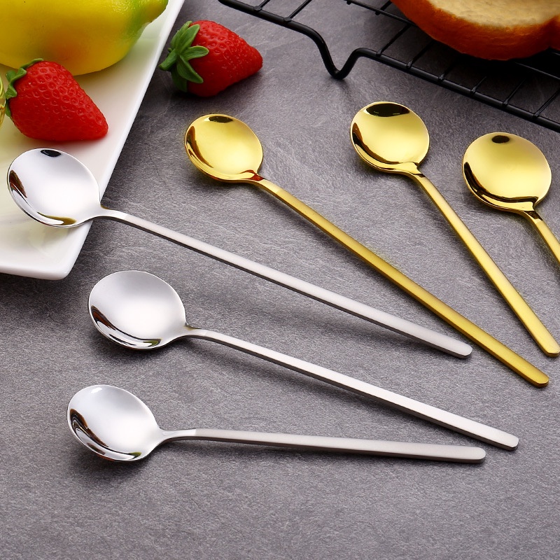 Muỗng ăn kem đầu tròn bằng thép không gỉ cán dài màu vàng/bạc tùy chọn