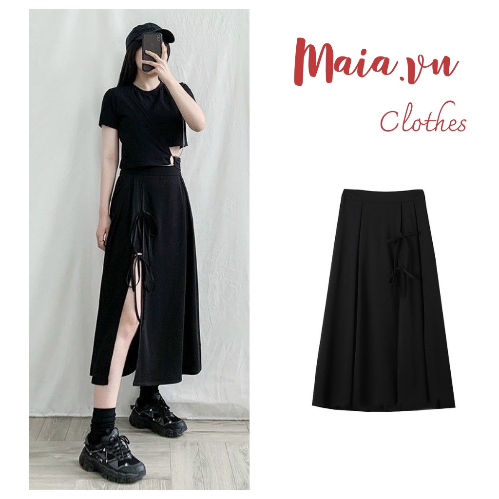 Chân Váy midi xẻ tà dây buộc nơ- cạp cao ôm dáng có quần trong Maia.vn