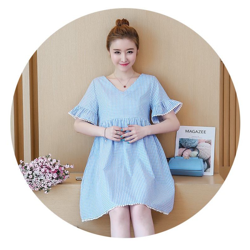 Váy bầu công sở thiết kế dáng baby doll chất thô kẻ
