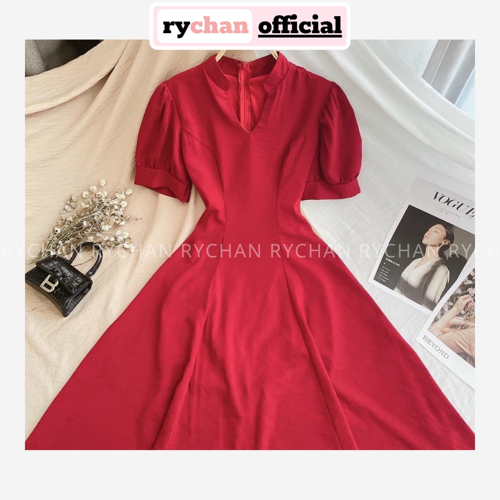 Đầm Xòe Midi Cổ Tàu Tay Phồng Chiết Eo 2 Màu [Ảnh Thật Cuối] - DX0019