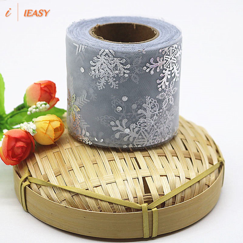 Cuộn Dây Ruy Băng Lưới 6cm 25 Yard Họa Tiết Bông Tuyết Lấp Lánh Làm Đồ Thủ Công Diy