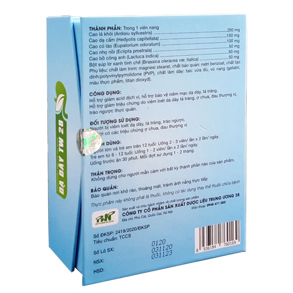 Dạ dày TW28, hỗ trợ giảm acid dịch vị, hỗ trợ giảm trào ngược thực quản (Hộp 60 viên)