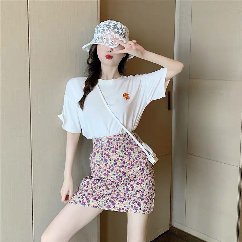 SET ÁO THUN HOA CÚC TRẮNG MIX CHÂN VÁY HOA NHÍ - SET ÁO VÁY HOA DAISY