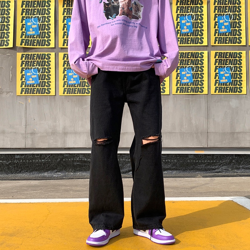 Quần jean nam ống rộng đen rách tam giác  phong cách