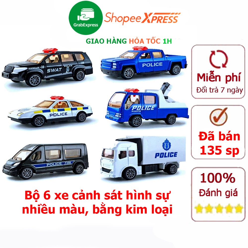 Đồ chơi xe cảnh sát nhiều màu bằng kim loại gồm 6 xe
