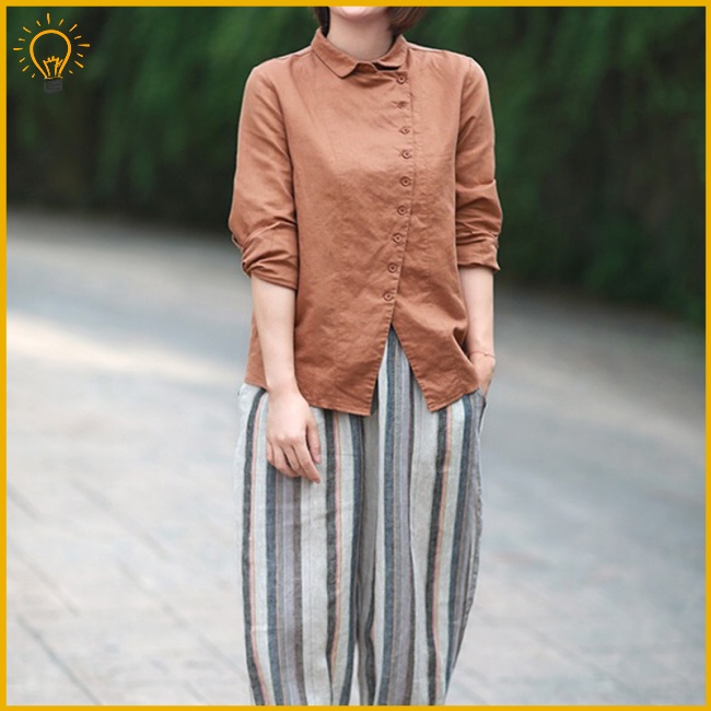 Áo Sơ Mi Vải Lanh Cotton Màu Sắc Đơn Giản Thời Trang Cho Nữ