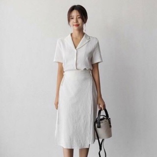 Đầm váy trắng cổ vest đắp tà (kèm hình thật)