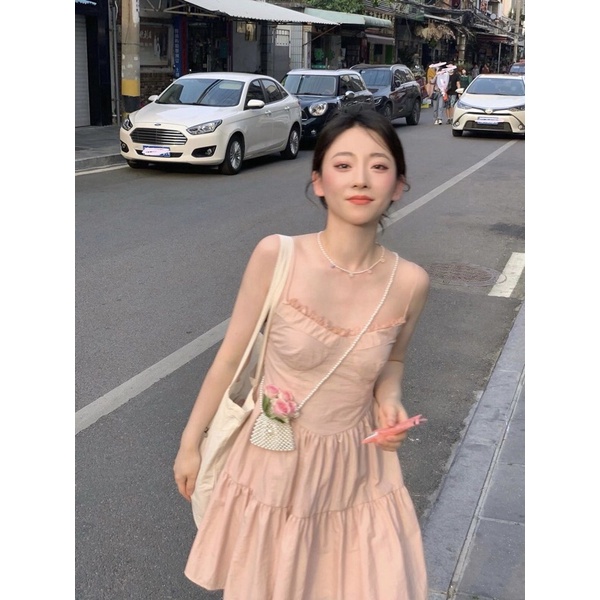 Váy 2 dây dành cho nữ điệu đà.Đầm 2 dây dáng xoè siêu xinh màu hồng nhẹ nhàng dịu dàng cho nữ 2022