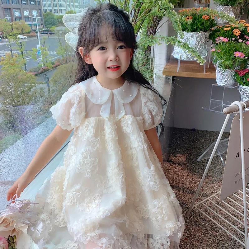 Se7en Đầm Công Chúa Ba Chiều Màu Trơn Tay Phồng Đính Hoa Ngọc Trai Mùa Hè Hàn Quốc Cho Bé Gái