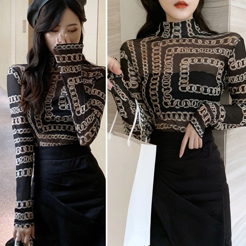 Áo Thun Lưới Tay Dài Xuyên Thấu In Họa Tiết Dây Xích Gợi Cảm Thời Trang Hàn Quốc Cho Nữ