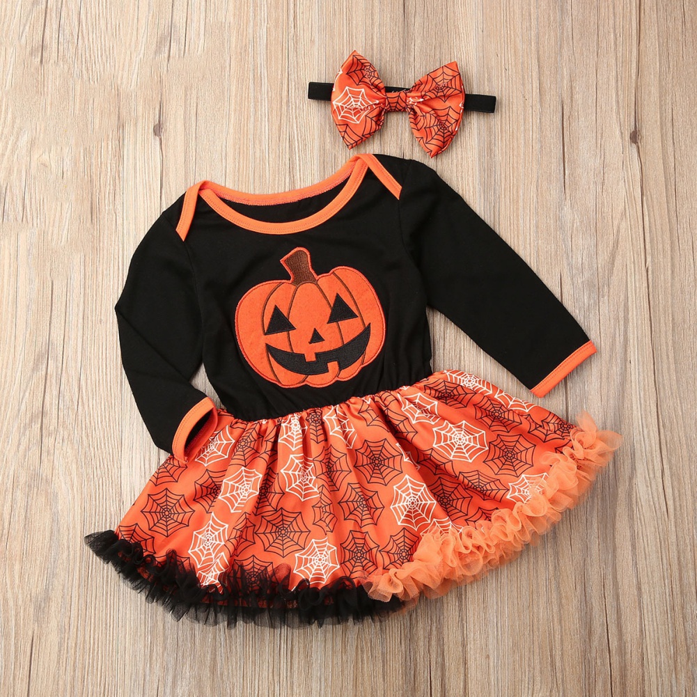 Đầm Tay Dài Hoạ Tiết Bí Ngô Phong Cách Halloween Cho Bé