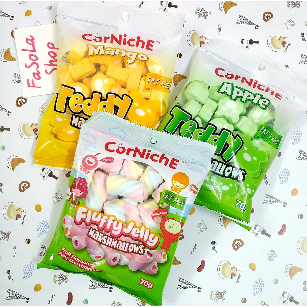 Kẹo bấc/xốp/bông MARSHMALLOWS CORNICHE Philippines 70g 120g nougat trang trí bánh kẹo dẻo bông gòn teddy mega gấu xoắn