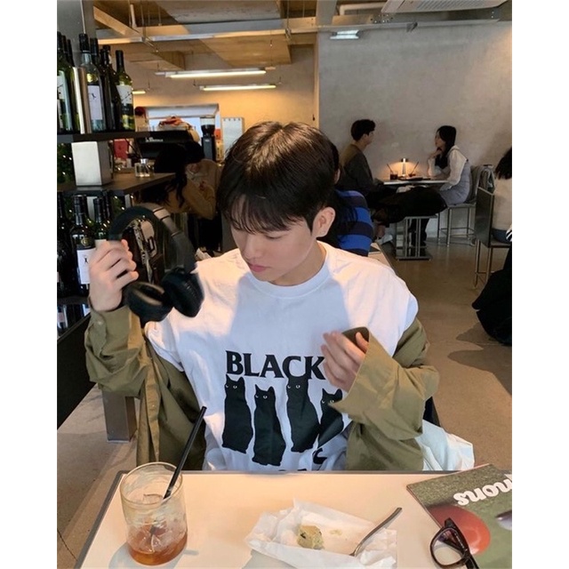 Áo thun Hàn Quốc Black Cats phong cách basic Treminal màu trắng - A036