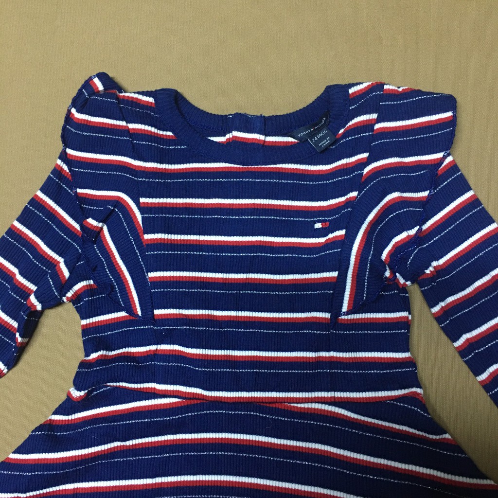 Đầm xòe bé gái 1.5-2 tuổi sọc ngang dài tay màu xanh size 18M & size 24M hiệu Tommy Hilfiger hàng xách tay mỹ