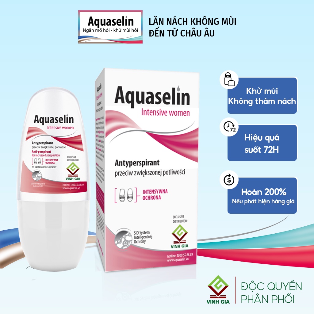 Lăn Nách Khử Mùi Dành Cho Nữ AQUASELIN Intensive Women Không Thâm Hay Ố Vàng Áo, Ngừa Mồ Hôi Hiệu Quả Lên Đến 72h 50ml