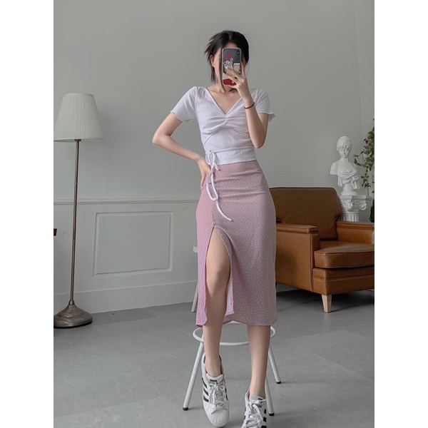 Chân váy dài xẻ tà chất lụa