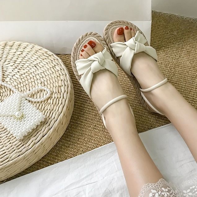 Dép sandal nữ cói nơ đế bằng xanh và be