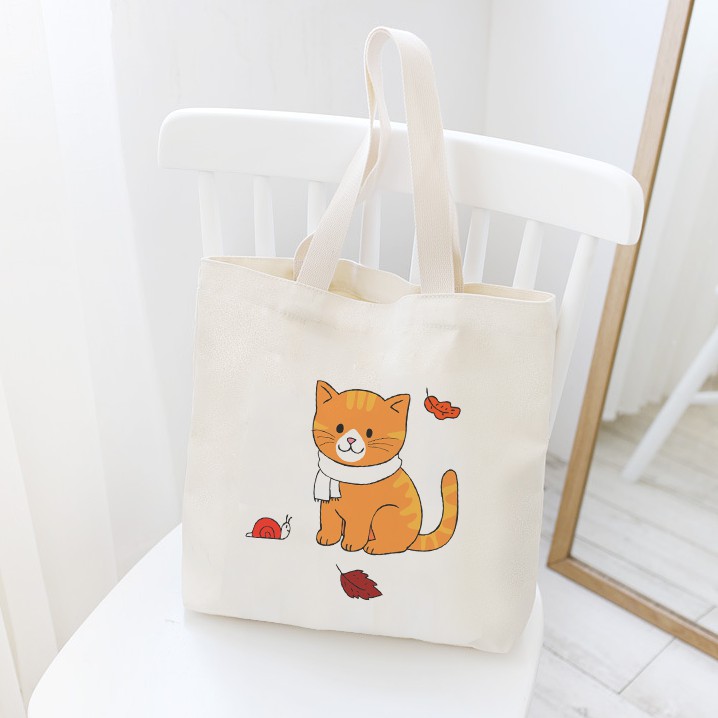 Túi Tote Vải Bố Canvas In Hình Mèo Mùa Thu Cute