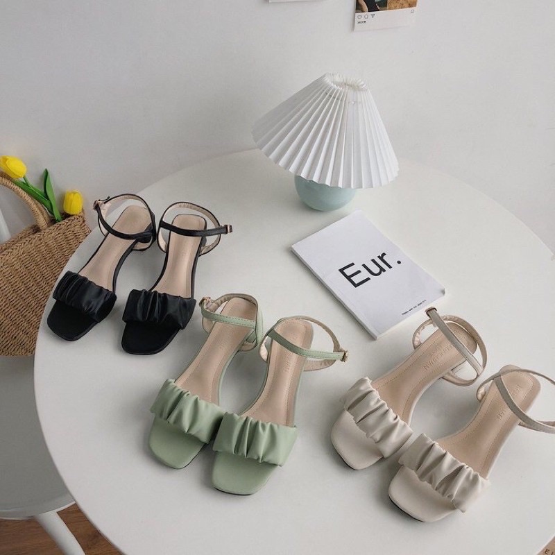 SẴN HÀNG Giày Sandal Cao Gót Phối Xếp Ly Xinh Xắn Dành Cho Nữ