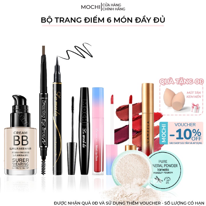 Bộ Trang Điểm Makeup 6 Món Đầy Đủ Kem Nền BB l Phấn Phủ l Chì Kẻ Mày l Mascara Chuốt Mi l Bút Dạ Kẻ Mắt Nước l Son Môi