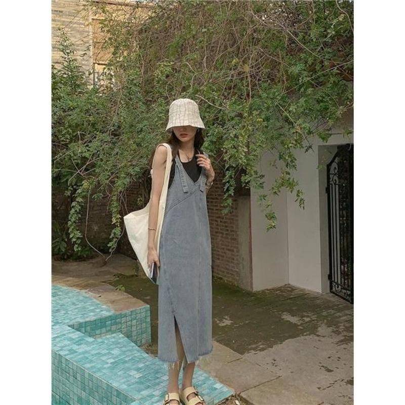 Yếm Váy Đầm Jean Denim Bò Dáng Dài Suông Qua Gối Thiết Kế Kiểu Công Sở Váy Bầu Thời Trang Vintage Xinh Chali Y031
