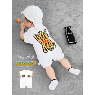 Bộ áo liền quần bằng cotton tay ngắn in hình hổ hoạt hình dành cho bé sơ sinh