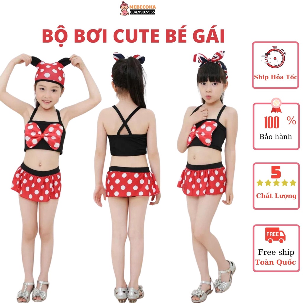 Đồ bơi trẻ em, Bộ đồ bơi bé gái dưới 13kg họa tiết MICKEY loại Cao Cấp tặng kèm MŨ