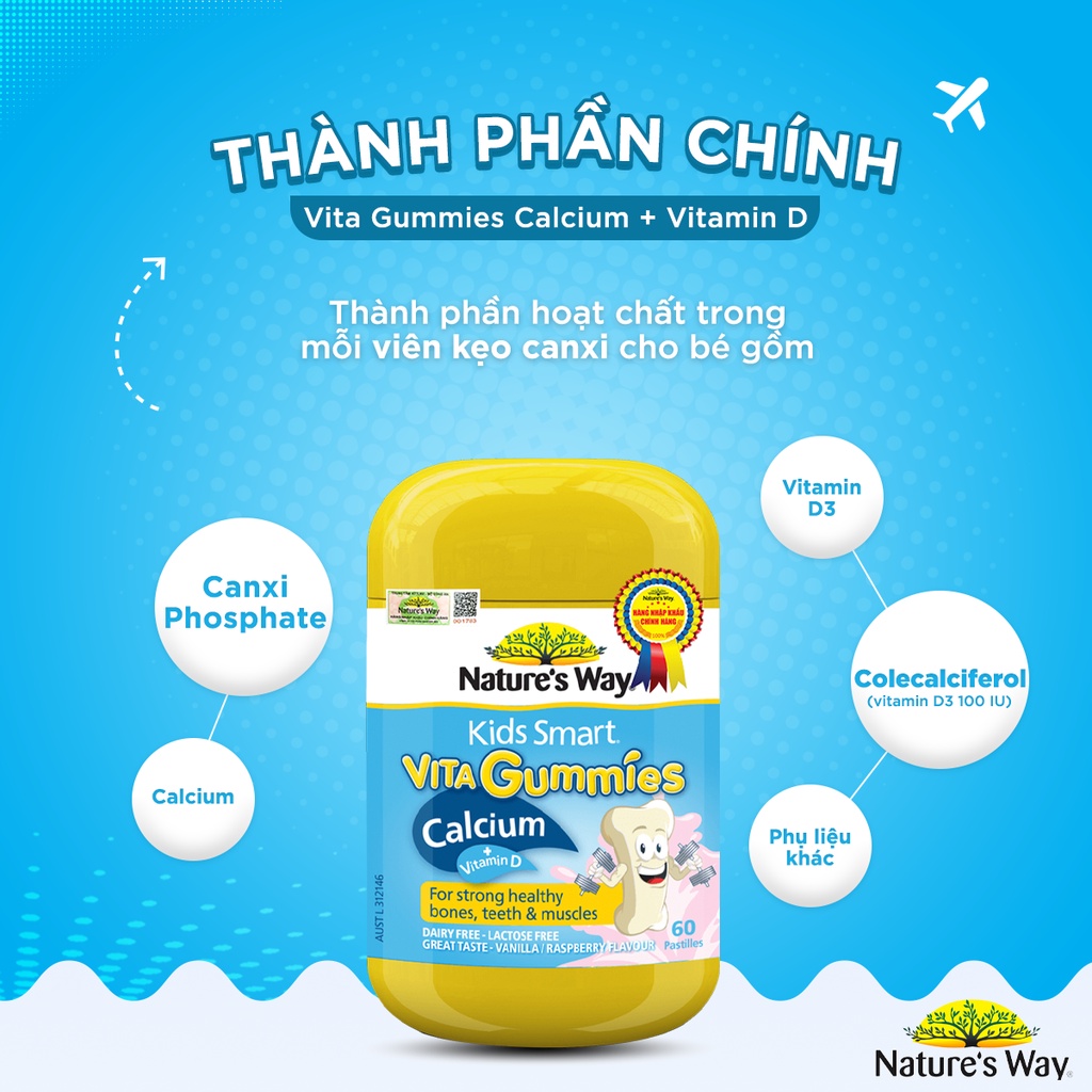 Combo 2 Kẹo Dẻo Cho Bé Nature's Way Kids Smart Vita Gummies Calcium + Vitamin D Và Multi Vitamin for Fussy Eaters 60v/h