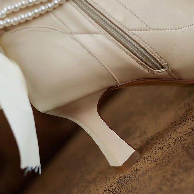 Giày Bốt Cao Gót Mũi Nhọn Đính Ngọc Trai Phong Cách retro Pháp Thời Trang Cho Nữ