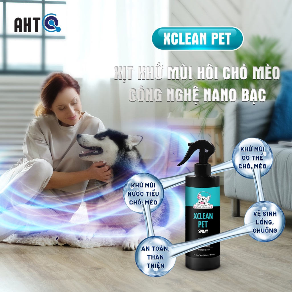 Chai Xịt Nano Bạc Diệt Khuẩn Khử Mùi Thú Cưng, khử mùi nước tiểu chó mèo, khay vệ sinh, chậu cát Xclean Pet 500ml