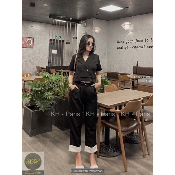 Set áo vest lửng croptop kèm quần lai màu