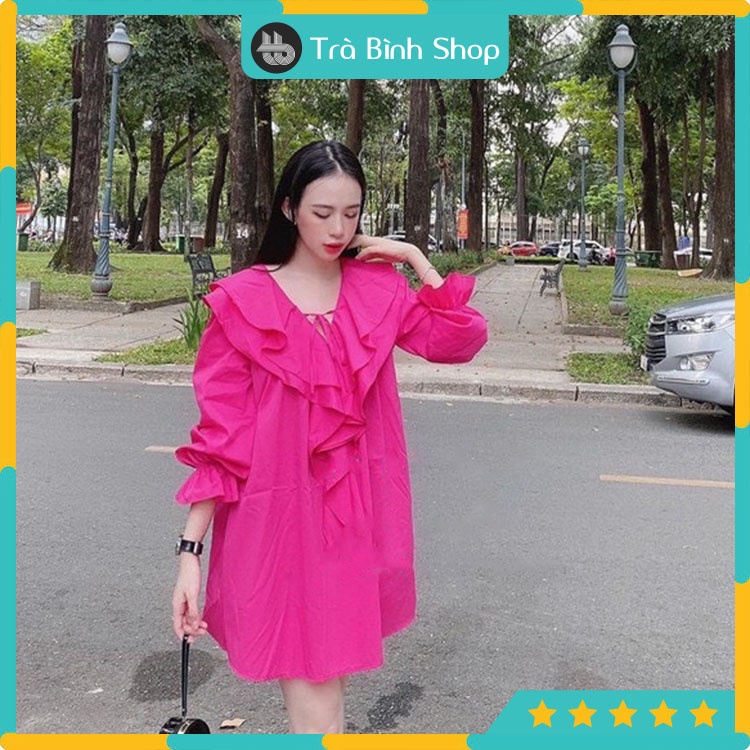 Đầm sơ mi nữ cổ bèo dáng suông Váy dài tay cổ tim đơn giản