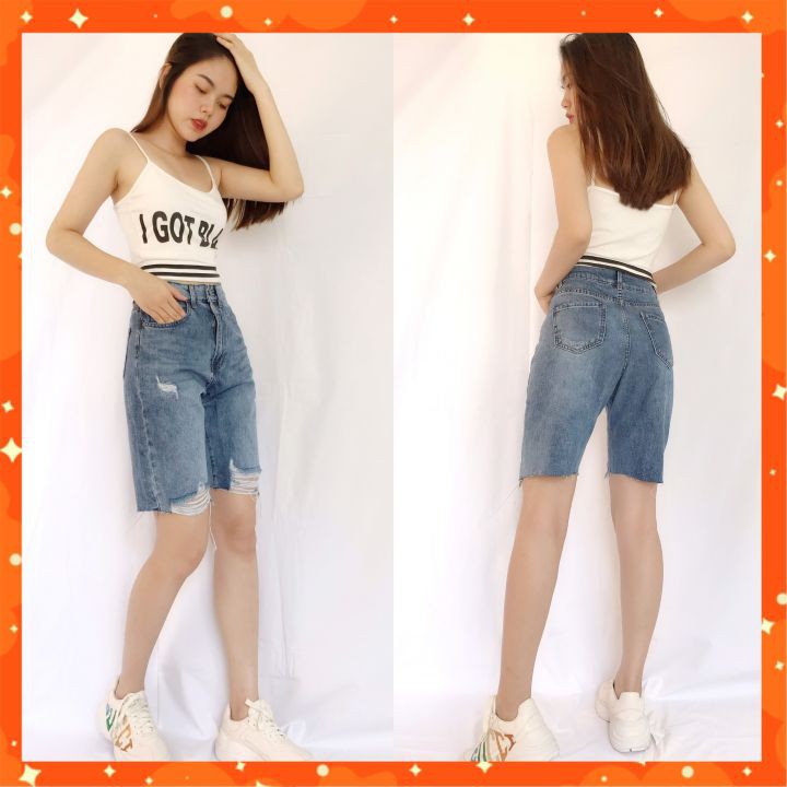 Quần Jean Ngố Body Rách Gối KAVO BLUE Dáng Ôm Màu Xanh Cạp Cao