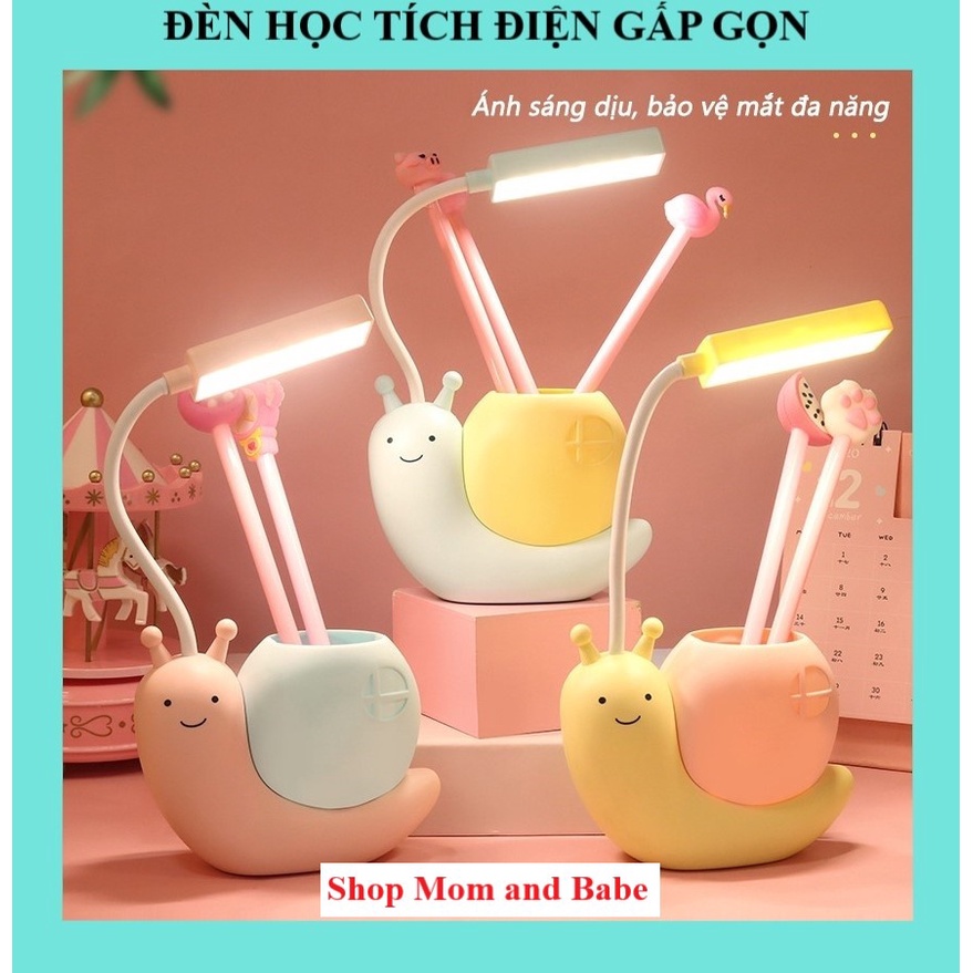 Đèn học tích điện mini để bàn gấp gọn hình ốc sên kèm ống đựng bút, cổng sạc usb ,đèn led chống cận phù hợp cho học sinh