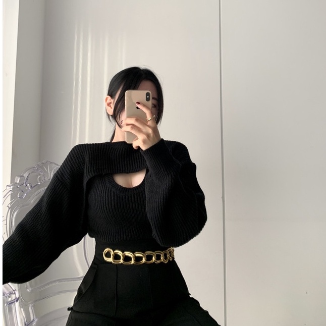 Porozi  Set trang phục  áo len dài tay + áo thun cộc tay cổ tròn thời trang nữ