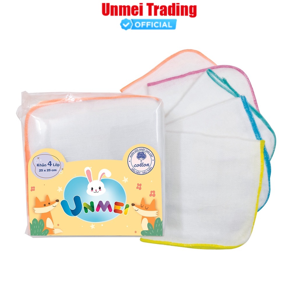 Bịch 10 Khăn sữa Cotton viền màu 4 lớp an toàn cho trẻ sơ sinh - Unmei (Khăn kích thước 25cm x 25cm)