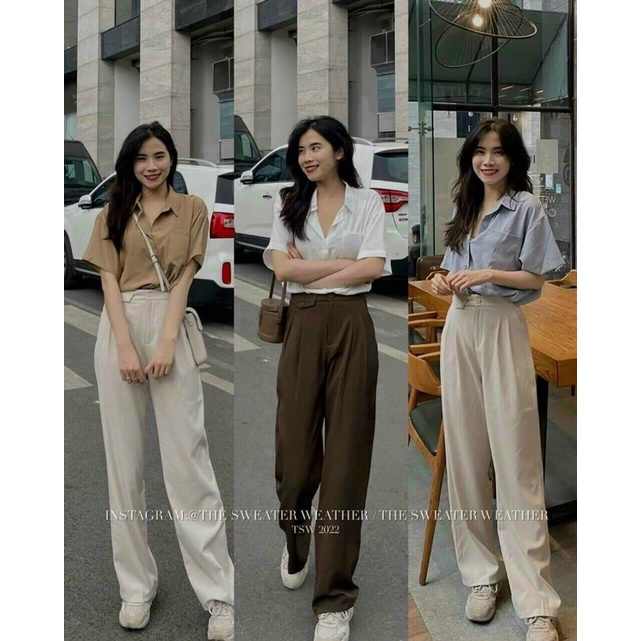 [Ảnh thật/sẵn] Quần suông Túi Nắp hack dáng chất Lụa phong cách Hàn Quốc