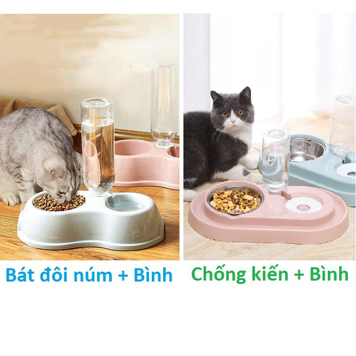 Bát ăn chó mèo {2 loại Bát chống kiến và bát đôi kèm bình) Bát tự động cấp nước  chó mèo nhỏ