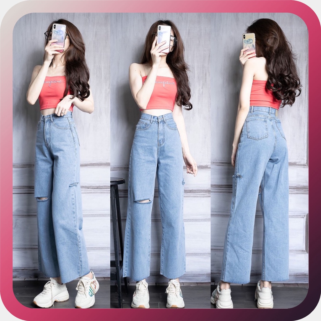 Quần Baggy Ống Rộng Nữ Rách Ngang Gối Lưng Cao Kiểu ULZZANG