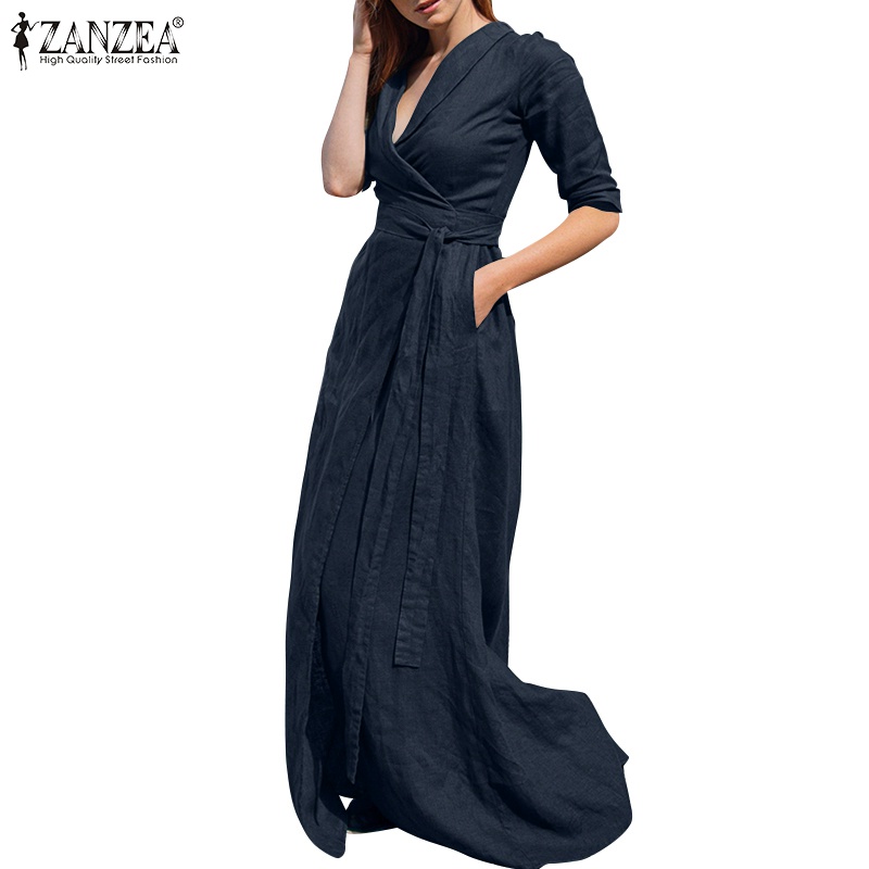 Đầm maxi ZANZEA dài tay cổ chữ v màu trơn thời trang cho nữ