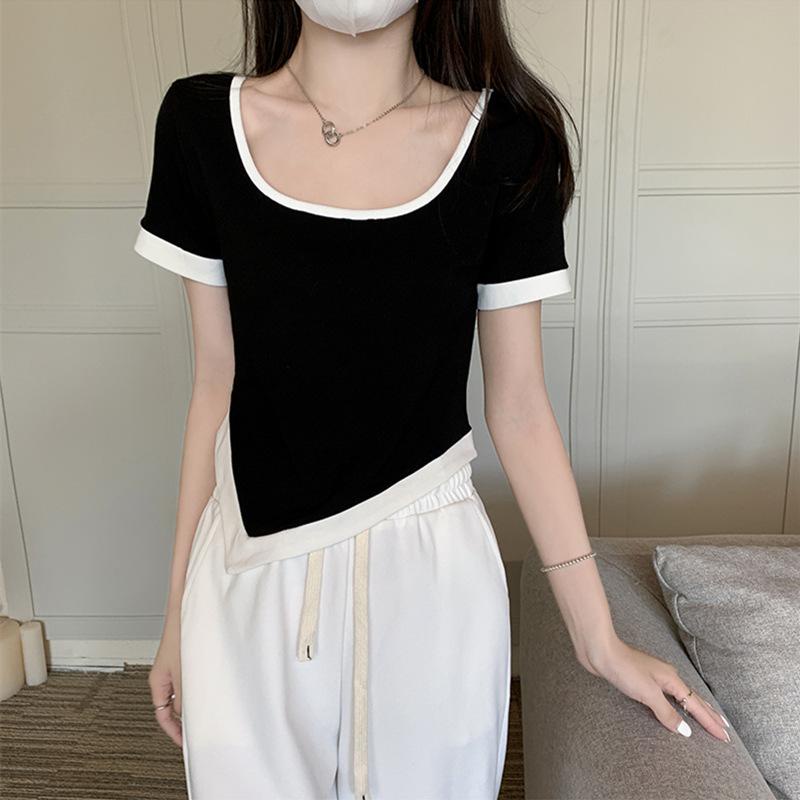 Áo Thun Tay Ngắn Trễ Vai Màu Sắc Tương Phản Thời Trang Mùa Hè Dành Cho Nữ