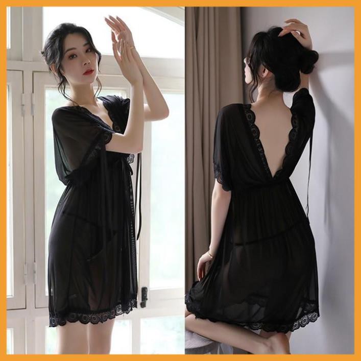Váy ngủ ren sexy bẹt vai mặc hai kiểu đồ ngủ big size voan thun với màu đen quyến rũ