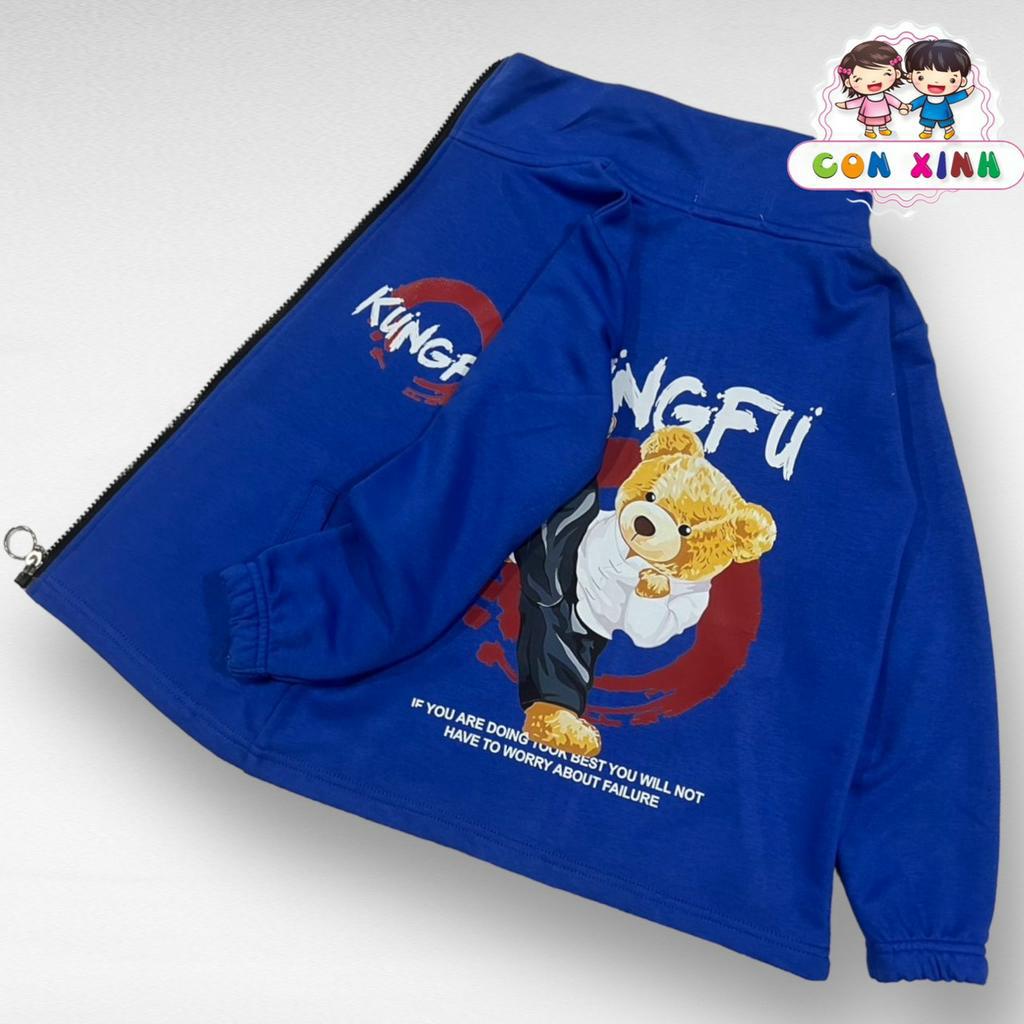 Áo khoác dây kéo bé trai mùa hè Con Xinh hình in gấu KUNG.FU, thời trang cho bé từ 13 đến 50kg