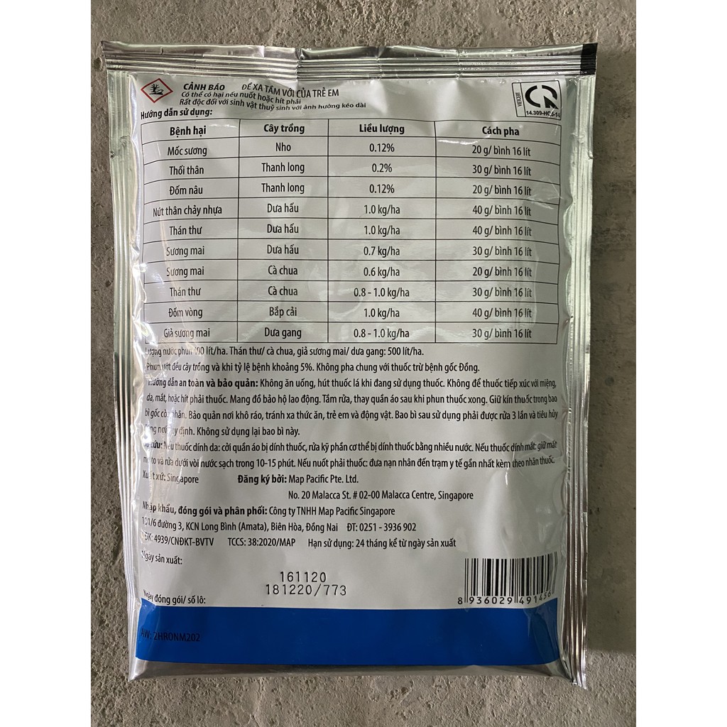Thuốc đặc trị sương mai, dưỡng cây bóng trái Map Hero 340WP - gói 100gr