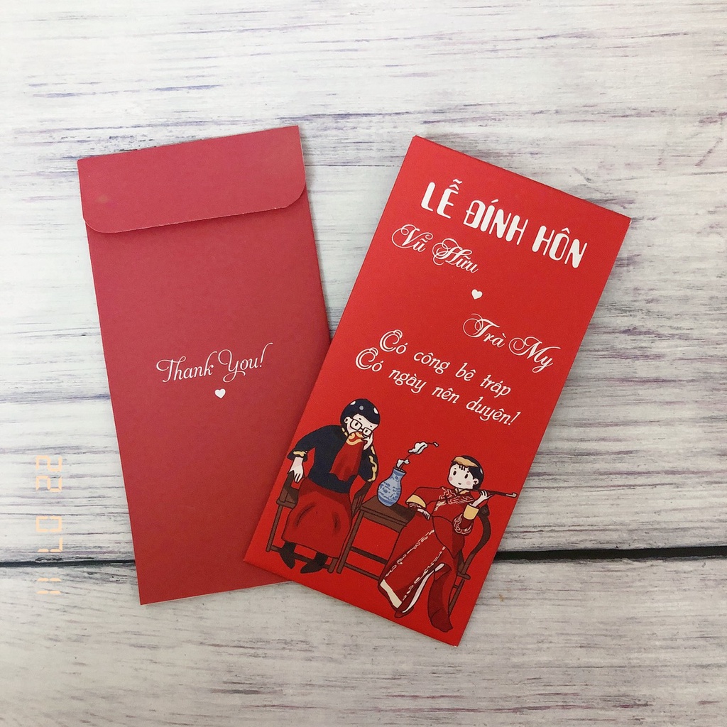 Lì xì đám cưới đỏ in tên theo yêu cầu - Lì xi bưng tráp đỏ in tên - Lì xì trao duyên đỏ in tên
