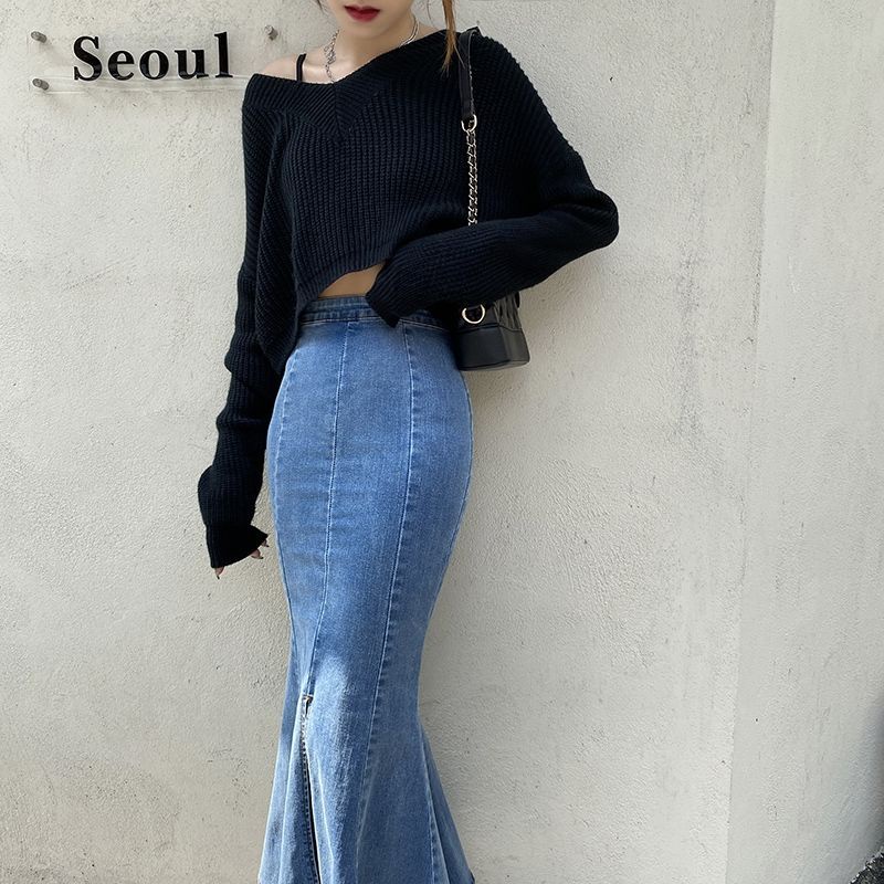 Chân Váy Đuôi Cá Denim Lưng Cao Xẻ Tà Phong Cách Retro Thời Trang Mùa Thu 2022