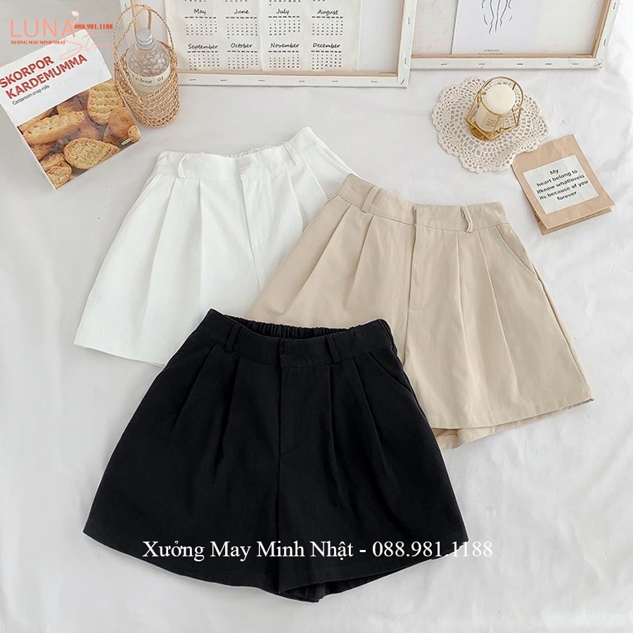Quần đùi đũi nữ lưng chun sau khuy cài khóa thật kéo xếp 2 ly dáng quần short giả váy nữ bigsize mặc đi biển ở nhà mát