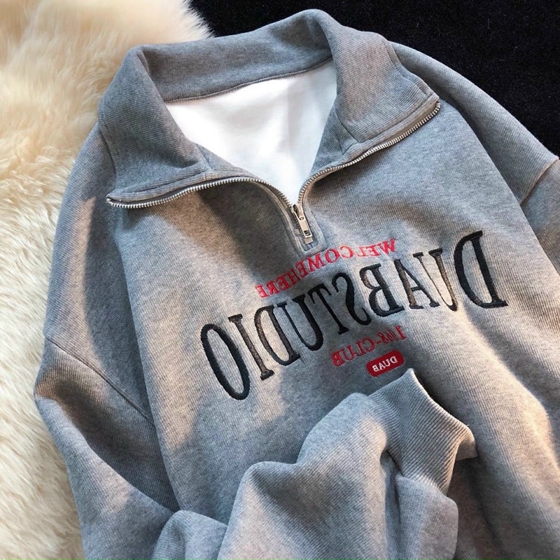 Áo Nỉ Cổ Cao DUABSTUDIO Nữ [FREESHIP] 🌸 Sweater form rộng tay bồng, hoodie zip thêu chữ cá tính Ulzzang 🌸 | BigBuy360 - bigbuy360.vn