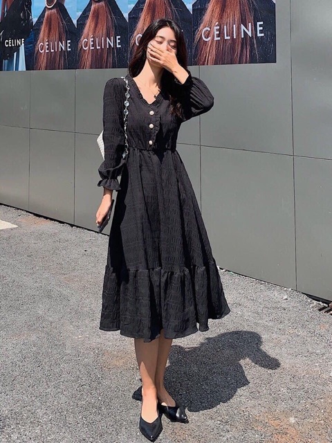 Váy khuy 3 cúc cổ bèo dáng xoè hàng quảng châu loại 1 -2Lớp /Có sẵn | BigBuy360 - bigbuy360.vn